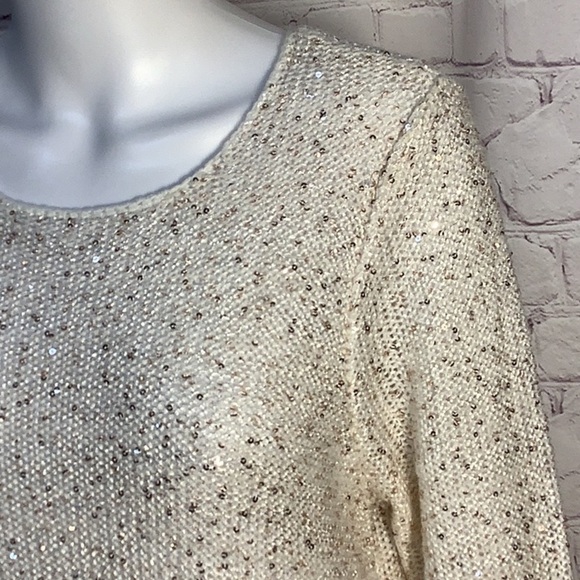 Marled Reunited Cream Sequin Embellished Chiffon Hem Long Sleeve Sweater Sz M - Picture 4 of 12